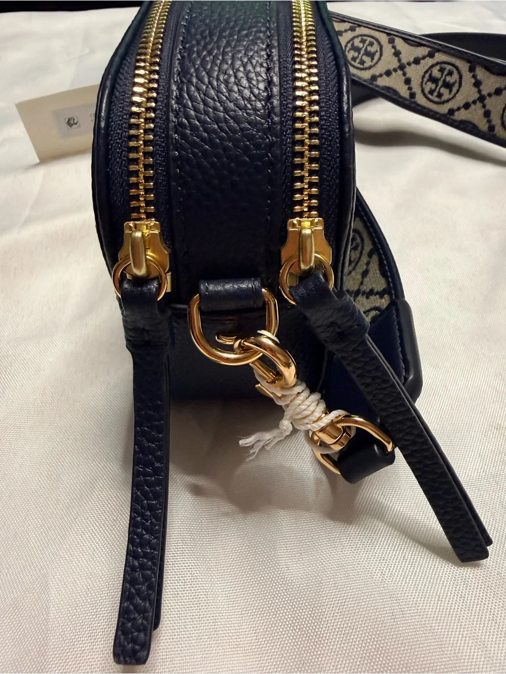 Tory Burch Navy Leather Camera Crossbody with Patterned Logo Strap
